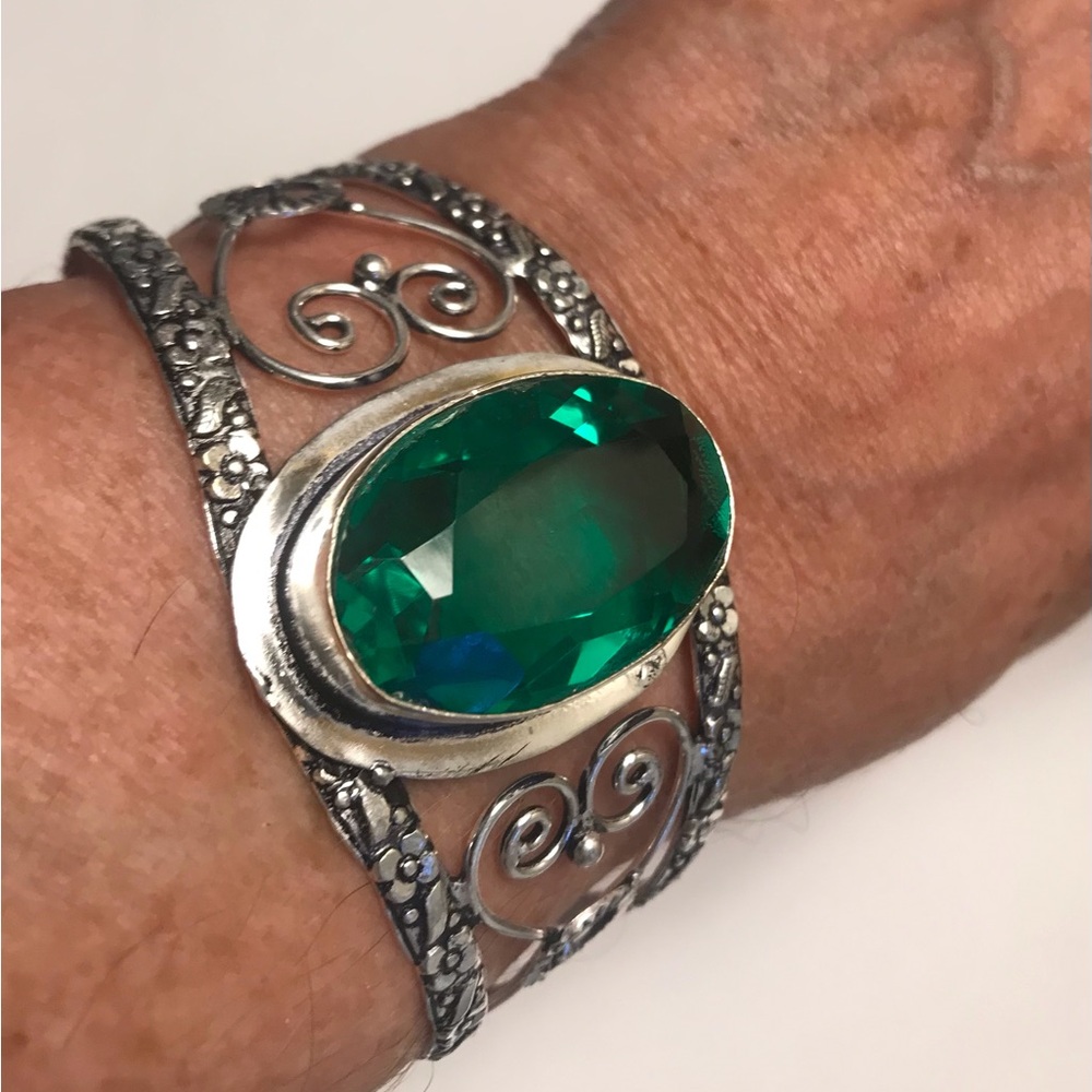 Tsavorite Stamped 925 Sterling Silver Cuff Bracelet